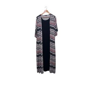 DE‎ BACKERS Women XL Boho Feather Print Layered Maxi Dress Duster Cardigan Set